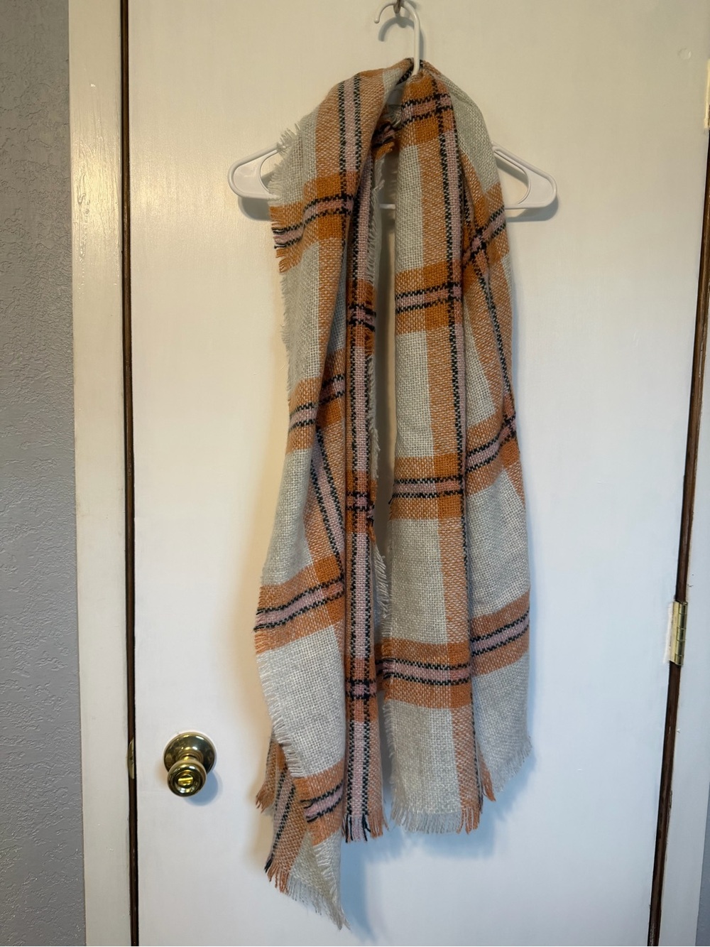 Universal Thread Plaid Fringe Scarf in Cream and Orange